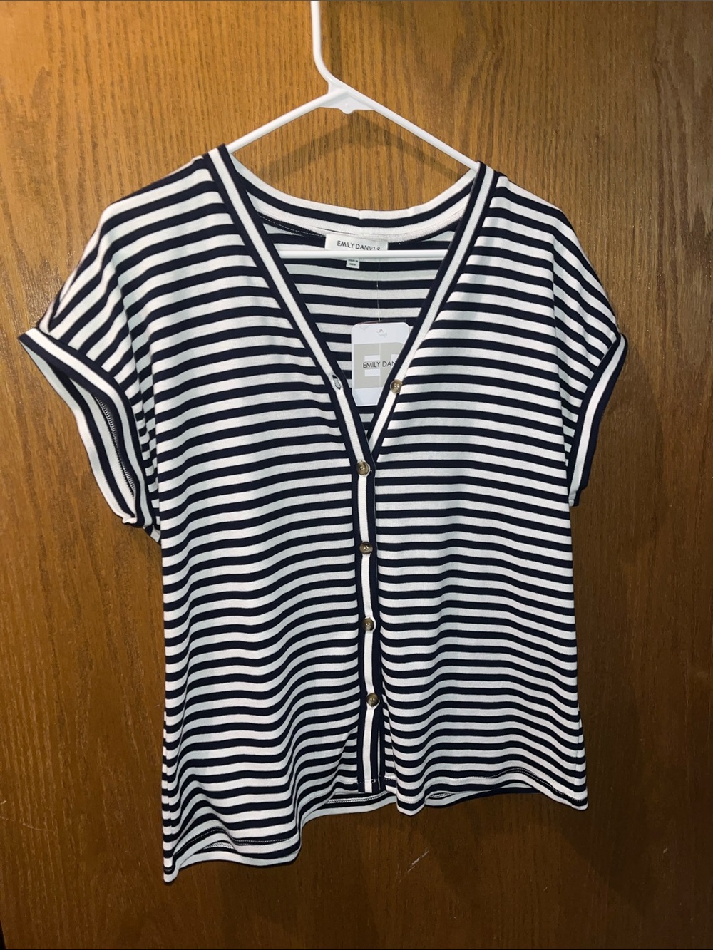 Navy and White Striped Button-Front Women's Top